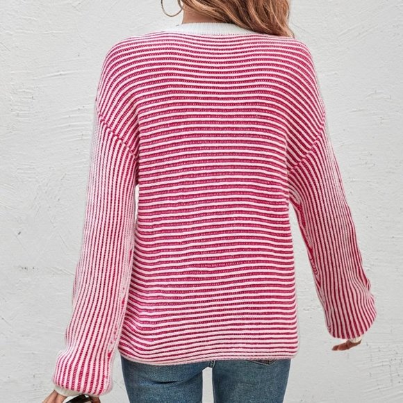 Striped Pattern long sleeved round neck knit Sweater top - Picture 2 of 5